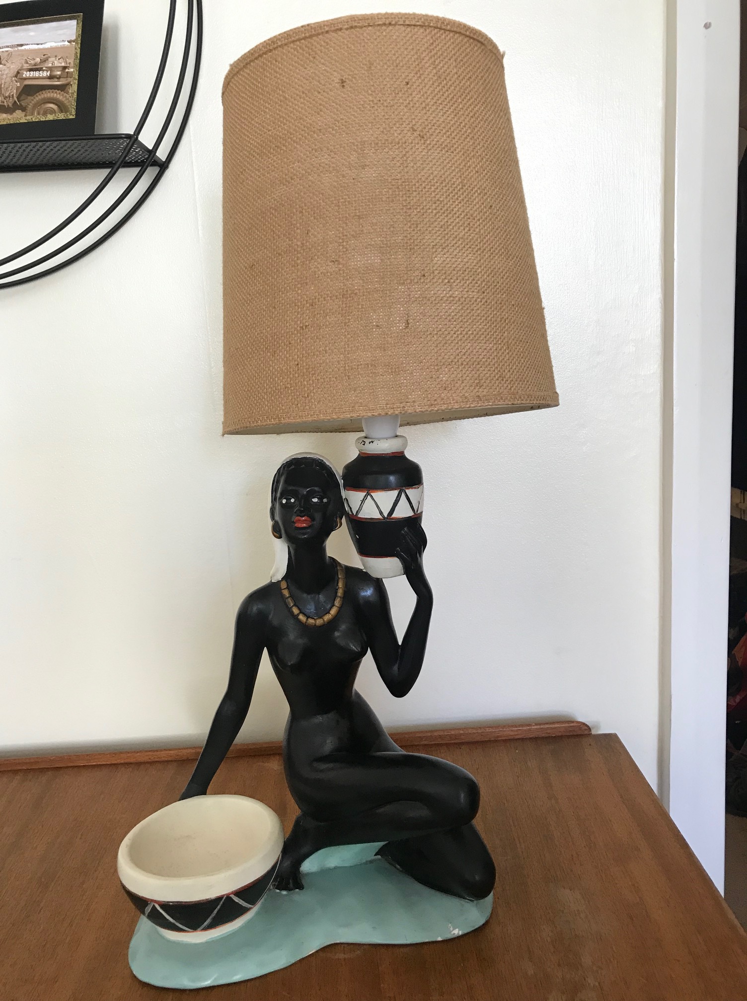 Lady lamp figurine with brown cylindrical lampshade