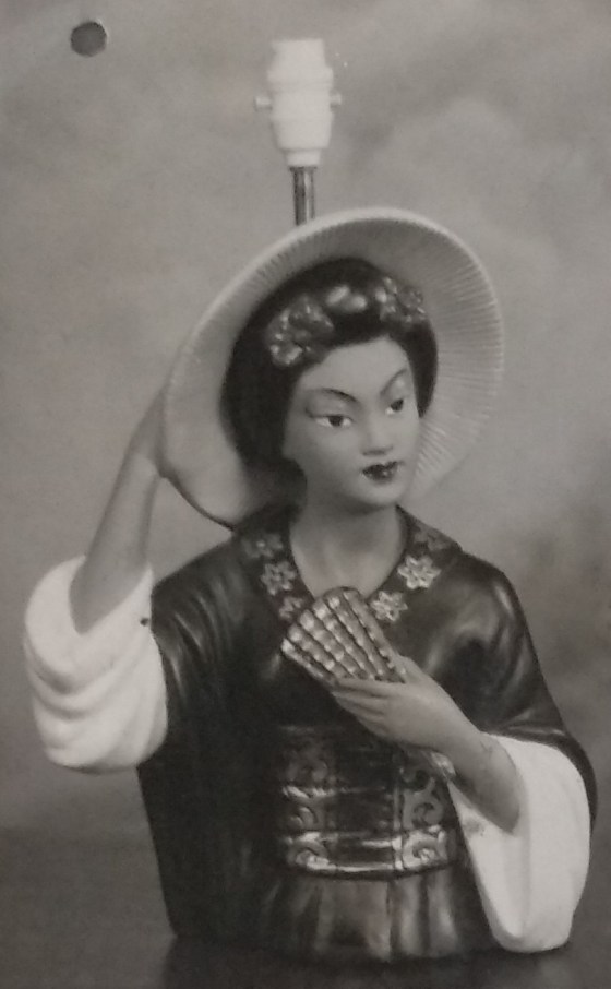 Chalkware lamp of oriental lady with hat