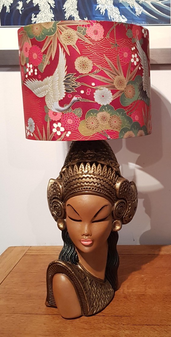 Restored lady bust chalkware lamp with red floral patterned lampshade