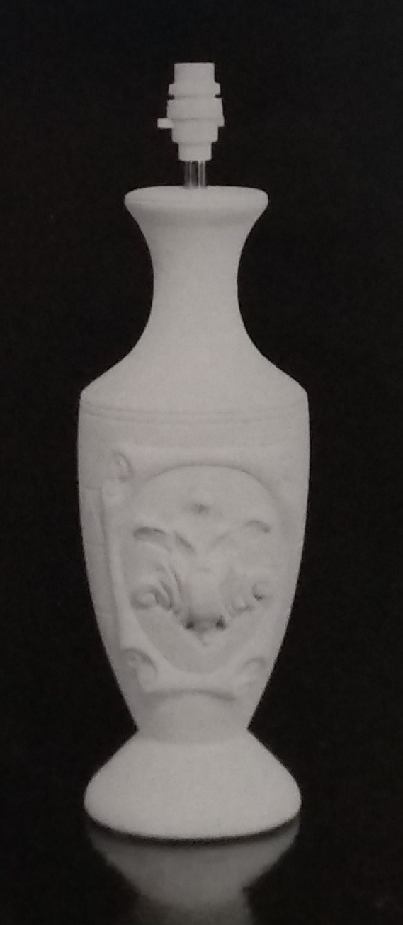 White standard lamp with large embossed emblem